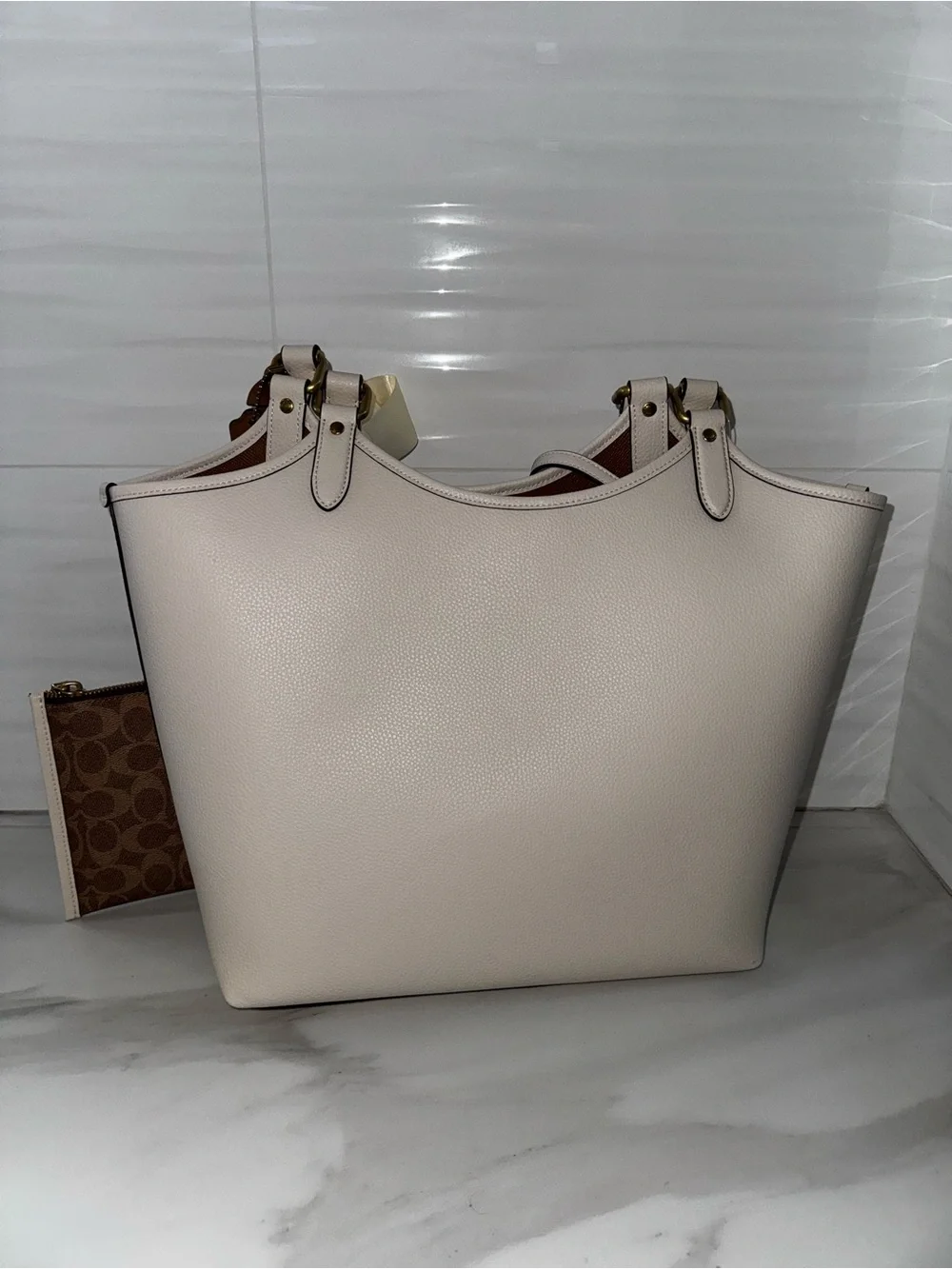 Coach Chalk Pebbled Leather Tote with Signature Brown Pouch